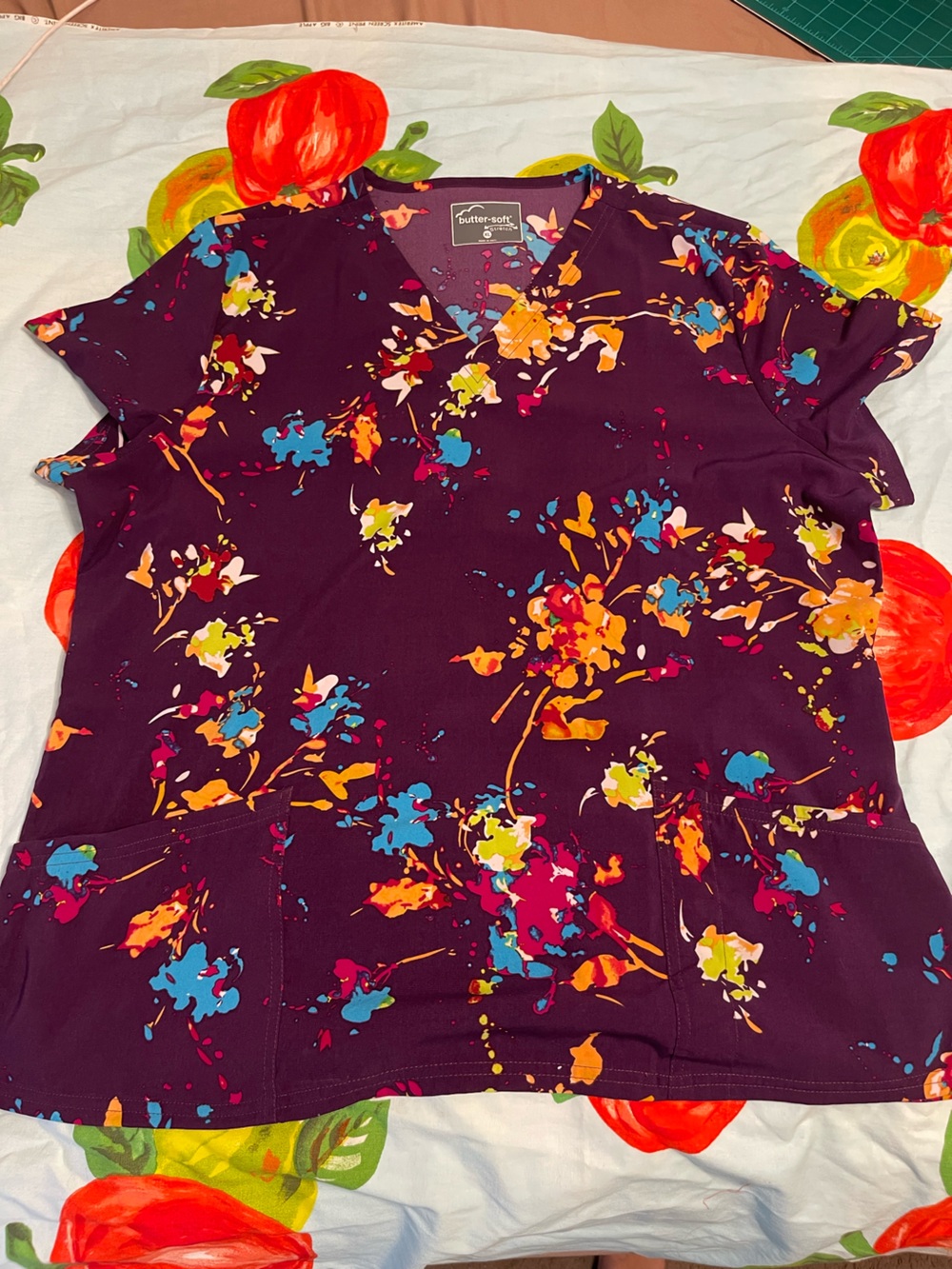 Butter V-Neck Floral Scrub Top in Plum with Multicolor Paint-Splatter